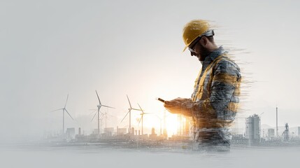 A construction worker in a safety helmet checks his phone against an industrial backdrop featuring wind turbines and factories during sunset.