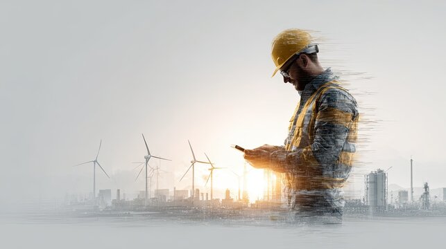A construction worker in a safety helmet checks his phone against an industrial backdrop featuring wind turbines and factories during sunset.