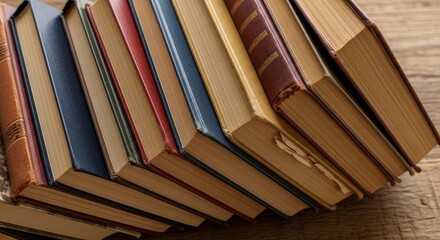 Naklejka premium Row of bound books shows aged pages colorful spines resting on a wood surface