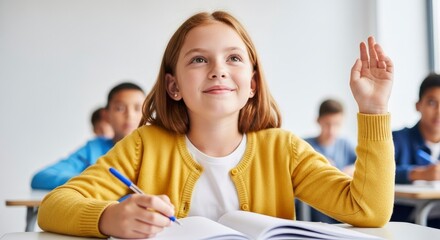 Smiling girl in classroom hand raised notebook and pen in front other children in background