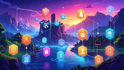 Futuristic digital landscape with interconnected icons