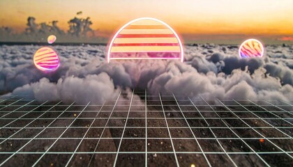 Vaporwave Sunrise Orb Over Gridded Sea with Cotton Fog