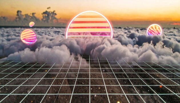 Vaporwave Sunrise Orb Over Gridded Sea with Cotton Fog - Powered by Adobe