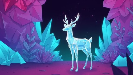 Geometric deer in a vibrant crystal cave at night - Powered by Adobe