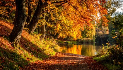 Autumnal park path by a tranquil pond