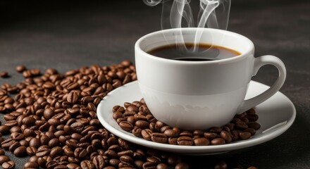 Fototapeta premium Steaming cup of coffee on a saucer nestled in coffee beans with a pile of beans nearby on a dark surface