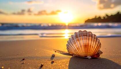 Seashell on golden beach at sunset