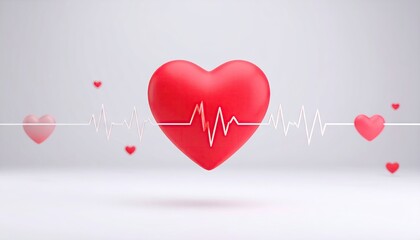 Red 3D Heart with Pulse Line and Small Hearts on White Background