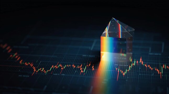 Crystal prism refracting light onto a stock market chart with a dark background and blue hue