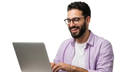 Smiling man with beard and glasses working on a laptop computer isolated on transparent background