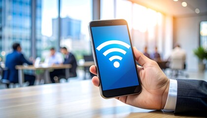 Close-up of a hand holding a phone showing a wifi symbol in a blurred office setting