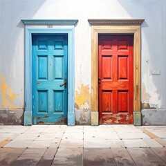 Fototapeta premium Two weathered doors, blue and red, flank a light-gray wall. Sunlight highlights one door