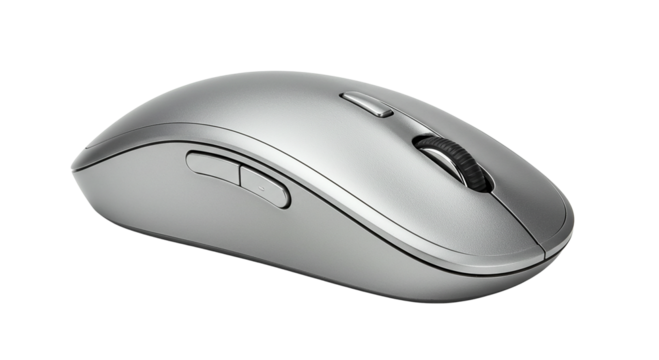 A silver wireless computer mouse