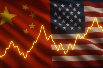 China USA trade tension. Flags of China and the USA with a dynamic financial graph overlay.