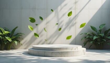 Minimalist presentation of falling green leaves on a round marble podium in sunlit natural ambiance.