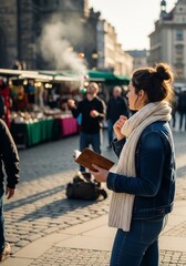 Obraz premium Woman observing a street performer with a book.