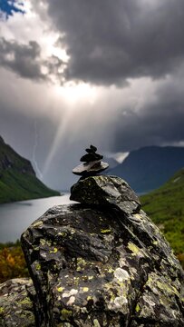 Mountain lake scene with rock cairn