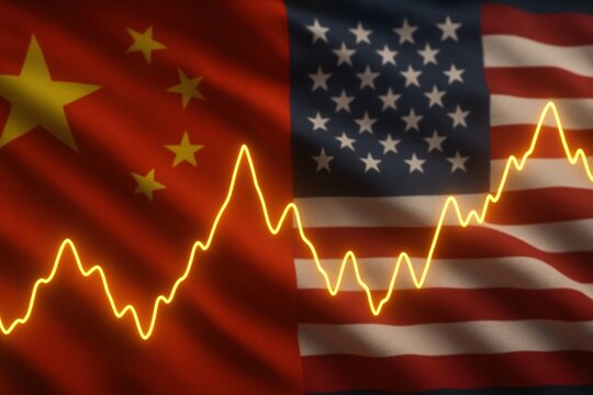 China USA trade tension. Flags of China and the USA with a dynamic financial graph overlay.