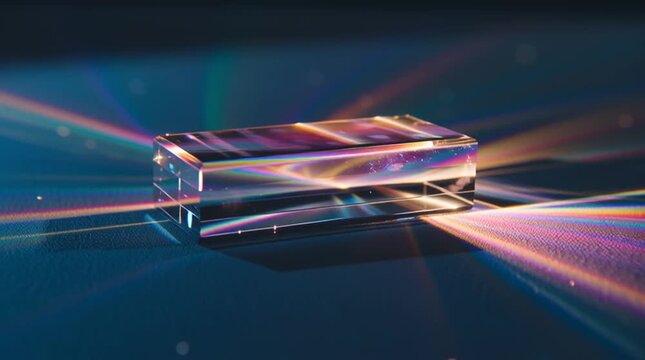 A clear rectangular prism refracts light into a spectrum on a dark blue surface with bright reflections