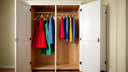 Open wardrobe displays colorful dresses, shirts, and jeans hanging neatly inside on hangers.