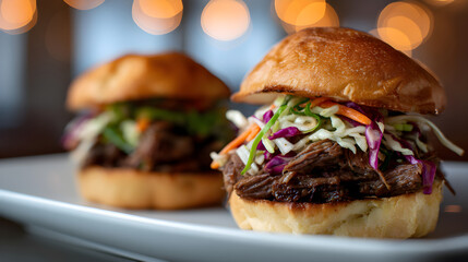 Delicious pulled pork sliders with coleslaw on brioche buns