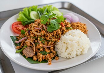 Aromatic Thai Ground Beef Salad with Fluffy Rice, Fresh Herbs, and Vibrant Veggies