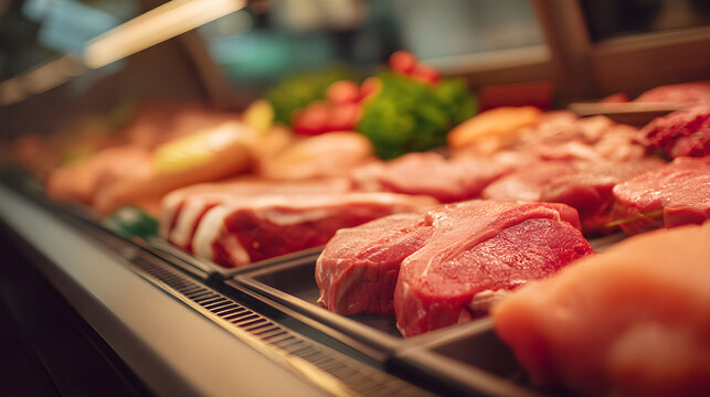 Fresh red meat cuts displayed in refrigerated butcher shop case