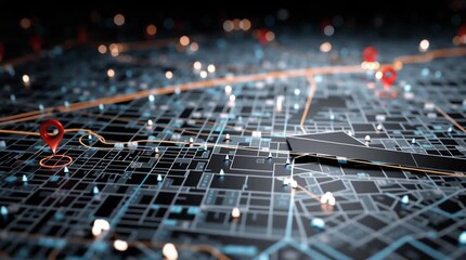 Detailed view of a digital city map with glowing lines and red location markers scattered around it - Powered by Adobe