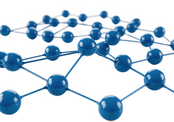 Close up of a blue molecular structure with interconnected spheres isolated on transparent background