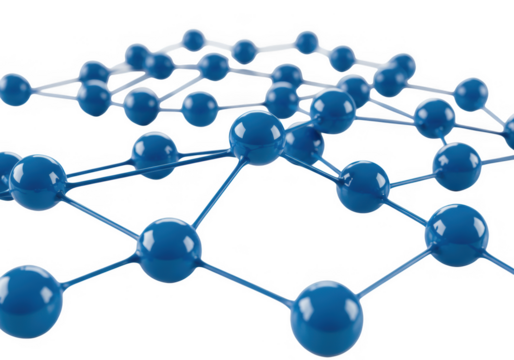 Close up of a blue molecular structure with interconnected spheres isolated on transparent background