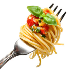 Spaghetti with tomato sauce on fork