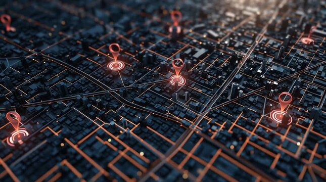 Aerial view of a dark city with glowing orange roads and location markers scattered throughout the area