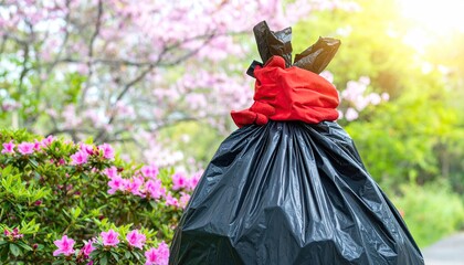 Black garbage bag tied with red cloth, amidst blooming pink flowers and trees
