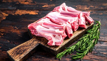 Uncooked lamb ribs on a dark wood cutting board with fresh rosemary