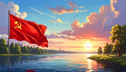 Sunrise over a river, flag