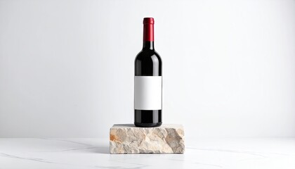 Red Wine Bottle on Stone Plinth Mockup