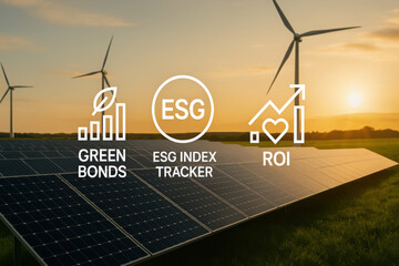 Solar panel wind turbine renewable energy sunset ESG green finance investment clean power with hopeful mood