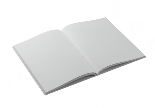An open blank white book with empty pages isolated on transparent background
