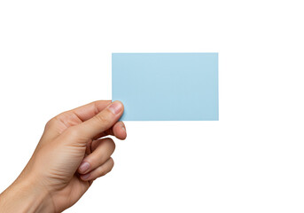 Human hand holding a blank light blue sticky note for notes or reminders isolated on transparent background