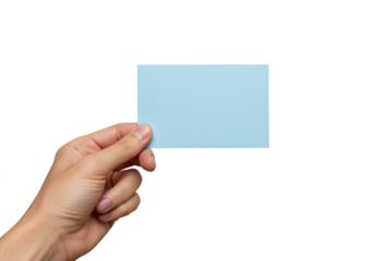Human hand holding a blank light blue sticky note for notes or reminders isolated on transparent background