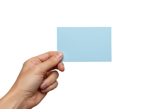Human hand holding a blank light blue sticky note for notes or reminders isolated on transparent background