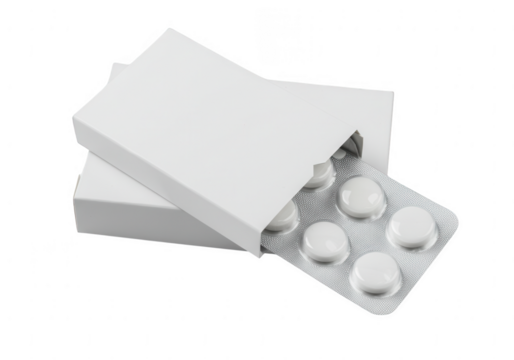 White cardboard box containing a blister pack of white oval pills isolated on transparent background
