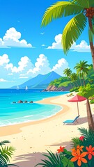 Obraz premium A vibrant illustration of a tropical beach scene, showcasing a serene shoreline with lush vegetation, gentle waves, and inviting shade.