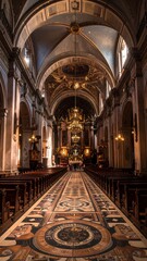 Obraz premium A grand, ornate church interior showcases intricate arched ceilings and a detailed, patterned floor.