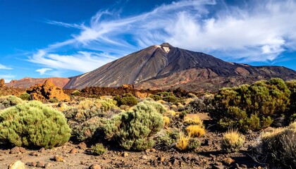 Volcanic landscape under a vibrant sky