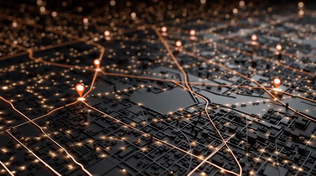 Aerial view of a dark cityscape with orange glowing lines and location markers scattered around it