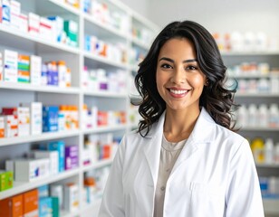 Friendly pharmacist ready to help customers with prescriptions in bright, modern drugstore setting