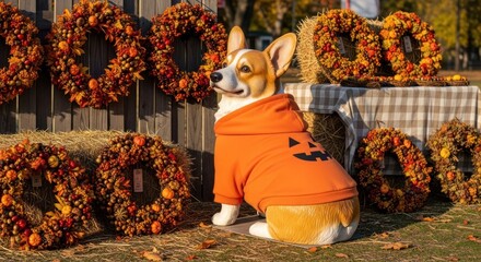 Corgi dog statue wearing a halloween pumpkin hoodie surrounded by autumn wreaths and hay bales outdoors