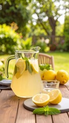Refreshing lemonade in a glass pitcher on a wooden table outdoors