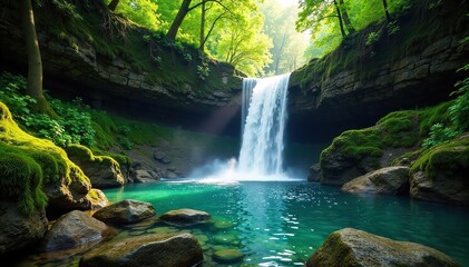 Serene Waterfall Cascading Through Lush Forest Magical Mountain River Landscape